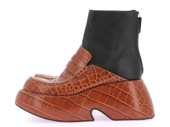 Bottines à plateforme en cuir marron à imprimé crocodile