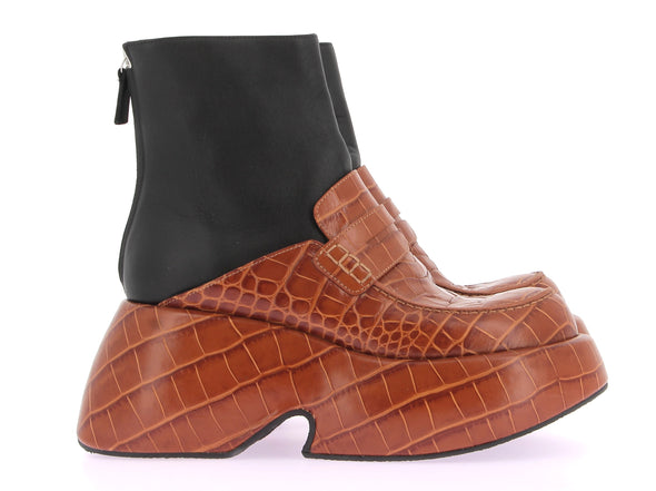 Bottines à plateforme en cuir marron à imprimé crocodile