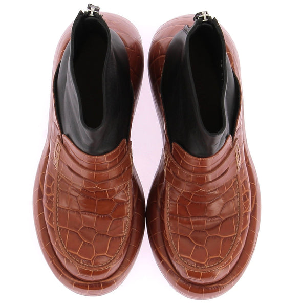 Bottines à plateforme en cuir marron à imprimé crocodile