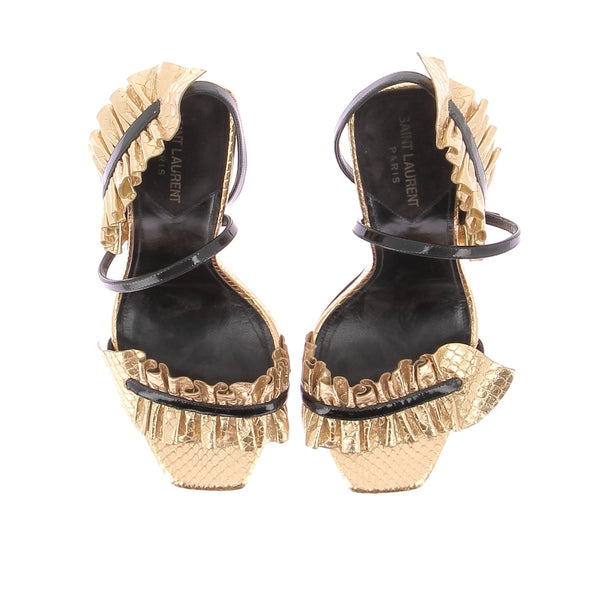Sandales à talons en cuir embossé doré