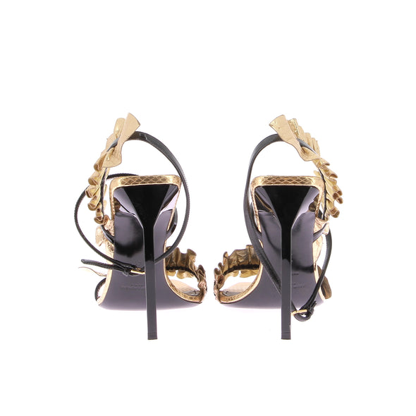 Sandales à talons en cuir embossé doré