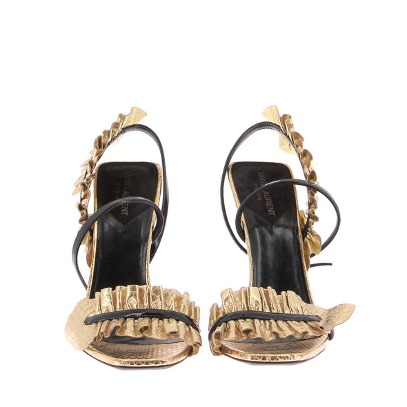 Sandales à talons en cuir embossé doré