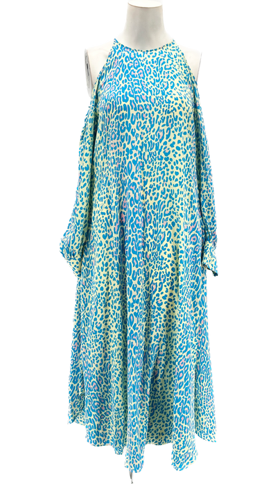 Robe longue turquoise à imprimé léopard en soie