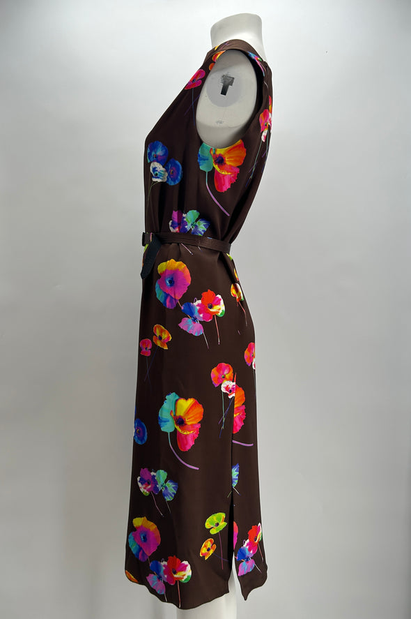 Robe mi-longue marron à fleurs