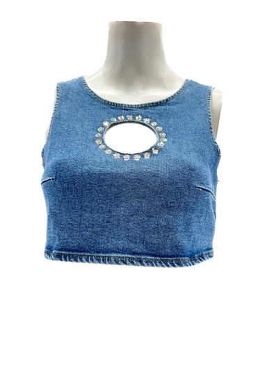 Top en denim avec cœur en strass