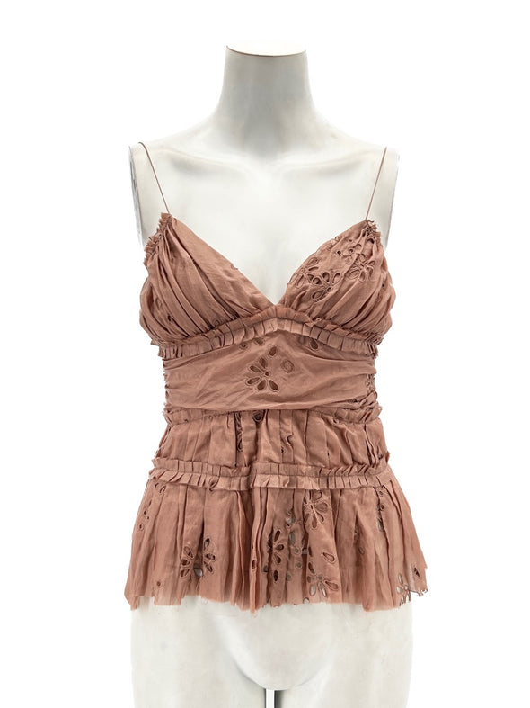 Top marron plissé en dentelle