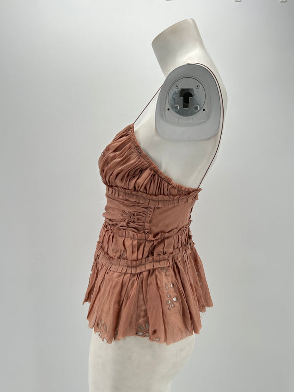 Top marron plissé en dentelle