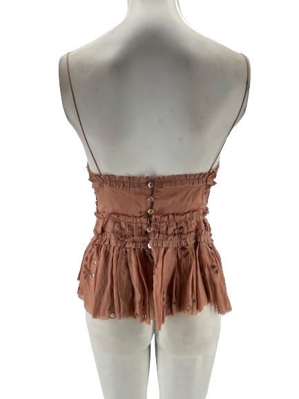 Top marron plissé en dentelle