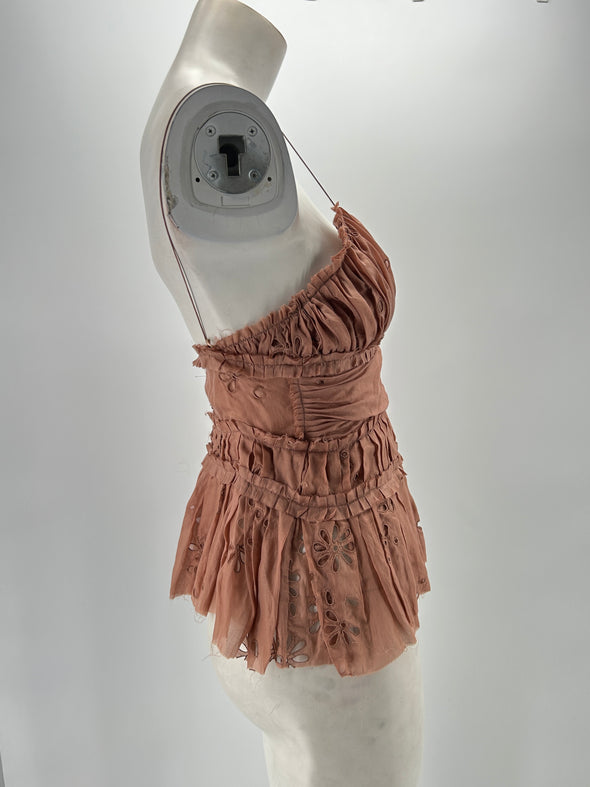 Top marron plissé en dentelle