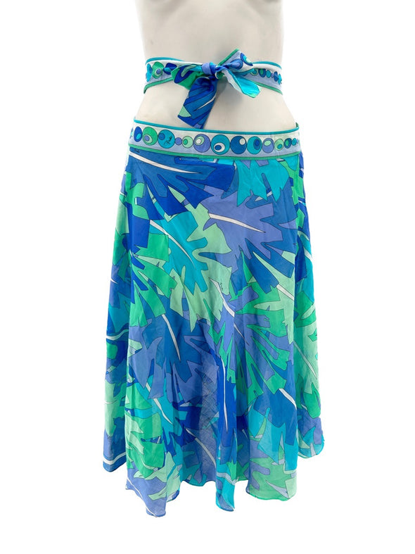 Jupe bleue mi-longue à motif floral