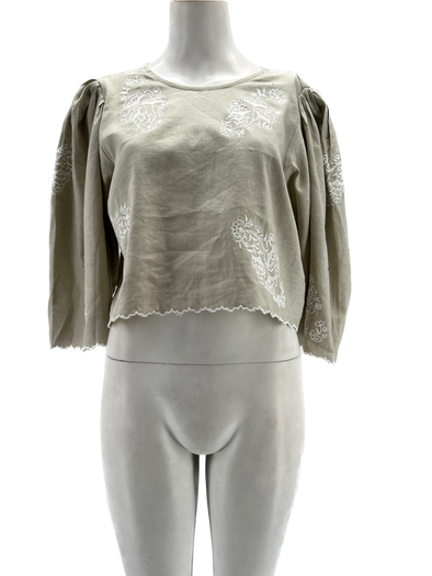 Top kaki à fleurs brodées