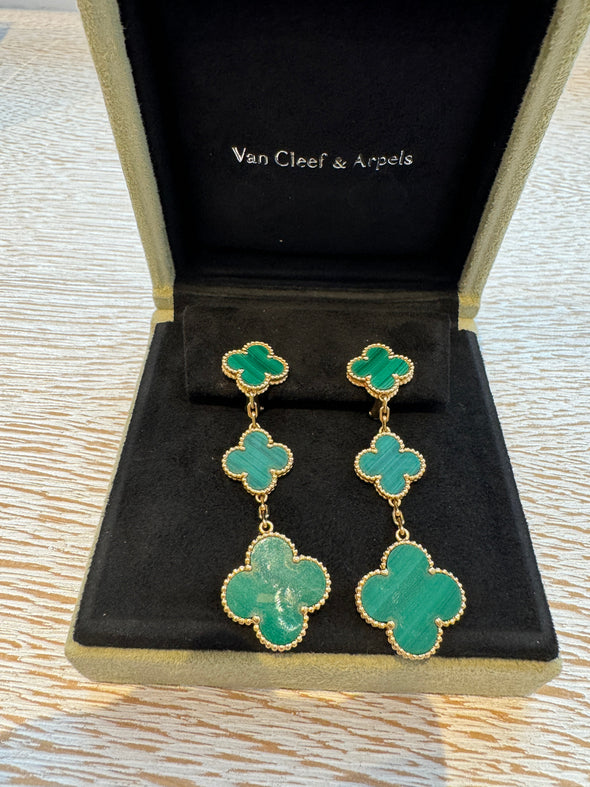 Boucles d'oreilles "Magic Alhambra 3 motifs" en malachite