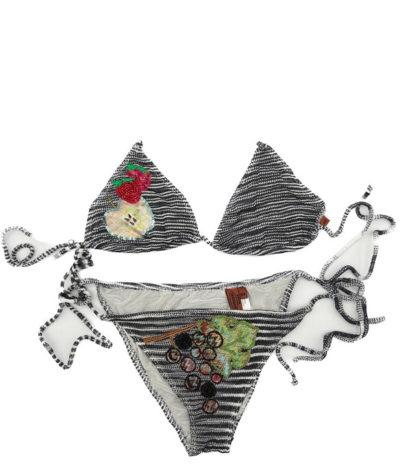 Maillot de bain noir à rayures et à motifs fruits