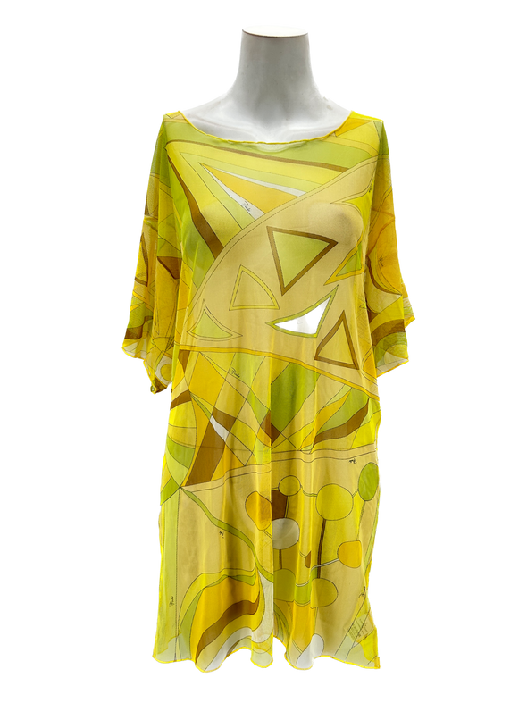 Robe jaune transparente à imprimés