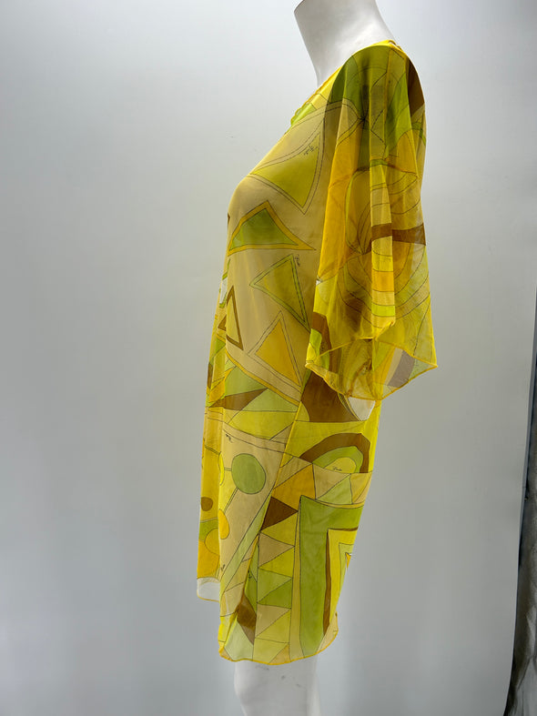 Robe jaune transparente à imprimés