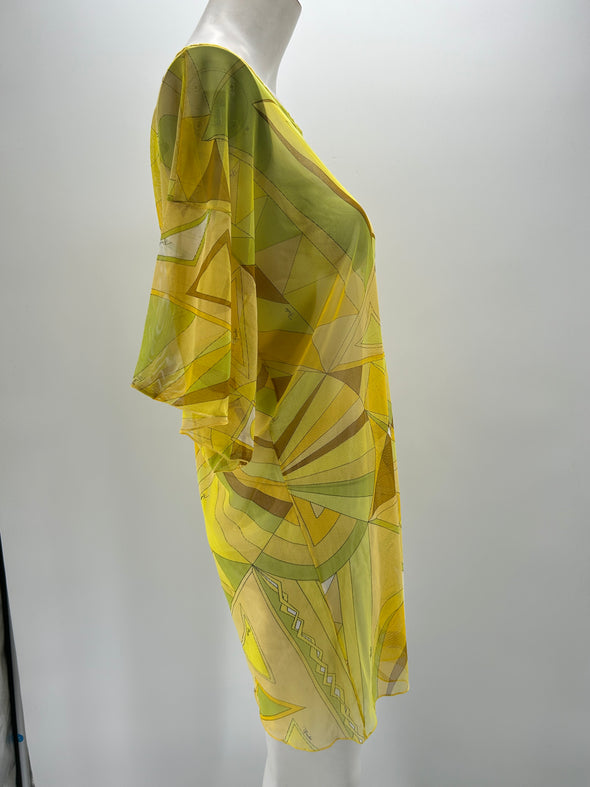 Robe jaune transparente à imprimés