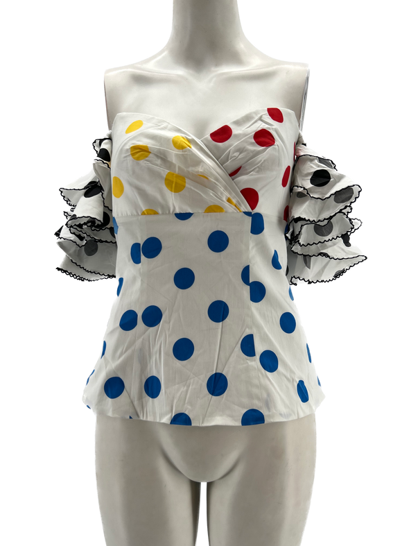 Bustier blanc à pois jaune, rouge et bleu