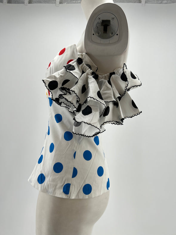 Bustier blanc à pois jaune, rouge et bleu