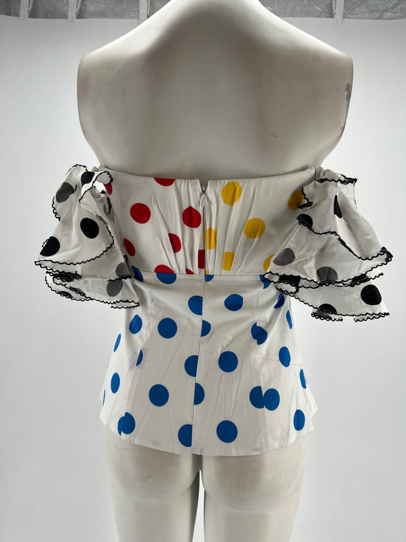 Bustier blanc à pois jaune, rouge et bleu