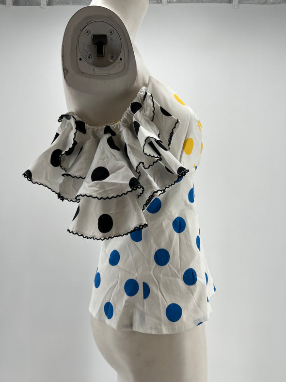 Bustier blanc à pois jaune, rouge et bleu