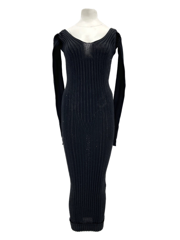 Robe longue noire côtelée