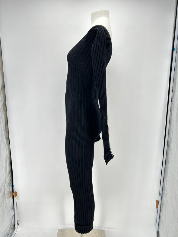 Robe longue noire côtelée