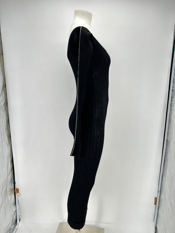 Robe longue noire côtelée