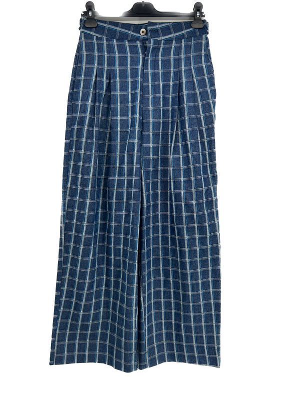 Pantalon large à carreaux bleus