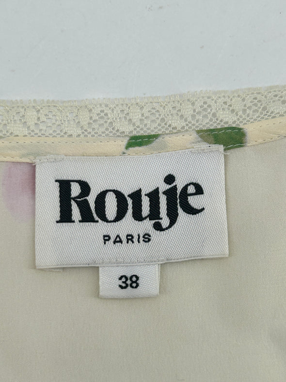 Top en soie beige à motif floral
