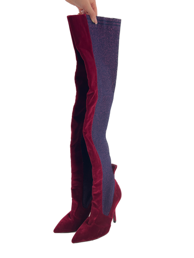 Bottes hautes en velours rouge et violet