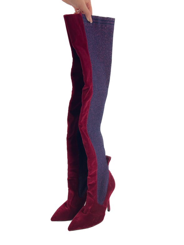 Bottes hautes en velours rouge et violet