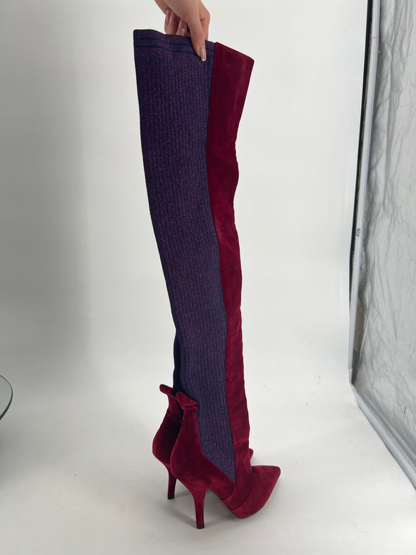 Bottes hautes en velours rouge et violet