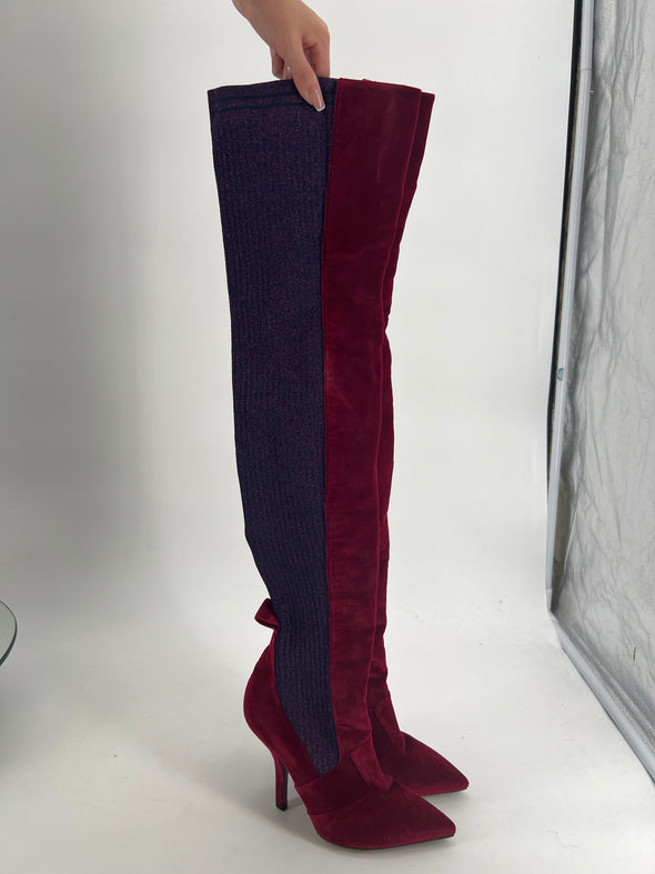 Bottes hautes en velours rouge et violet