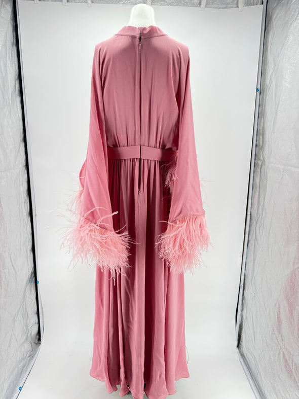 Robe longue rose à plumes