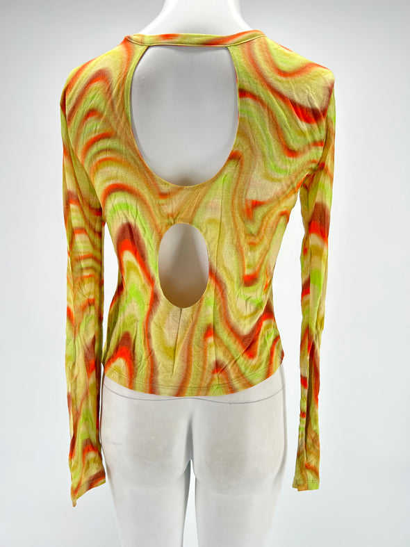 T-shirt orange et vert ajouré dans le dos