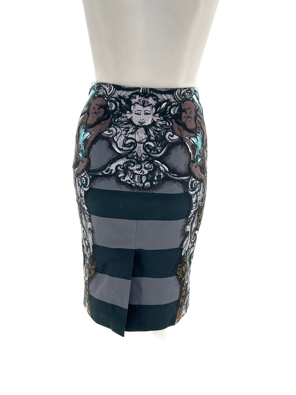 Jupe bleue droite à motifs