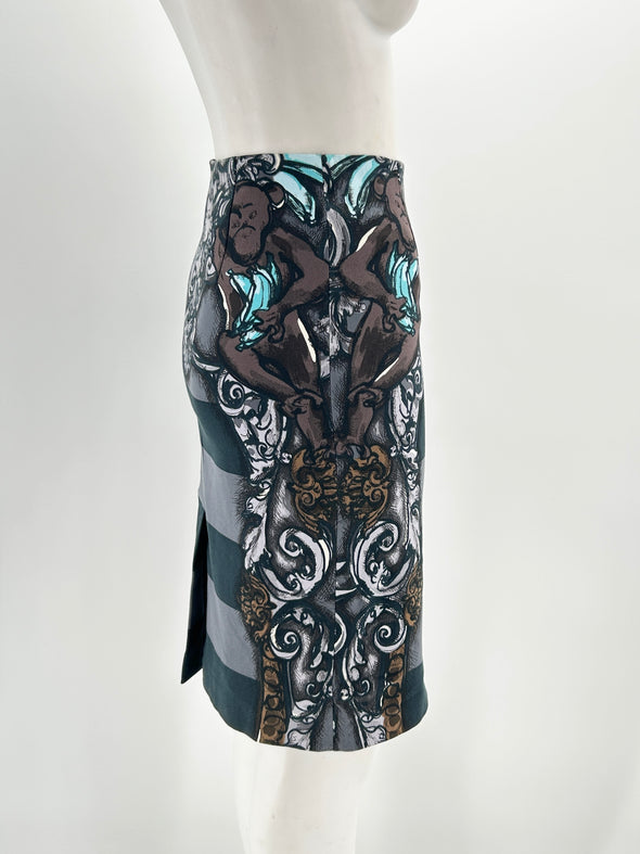 Jupe bleue droite à motifs