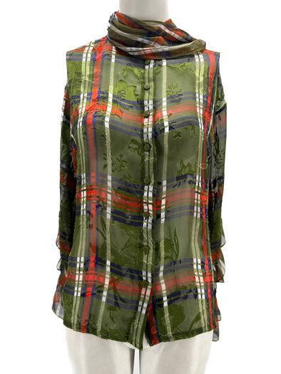 Blouse verte à carreaux à fleurs