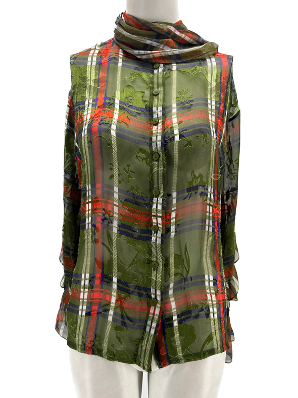 Blouse verte à carreaux à fleurs