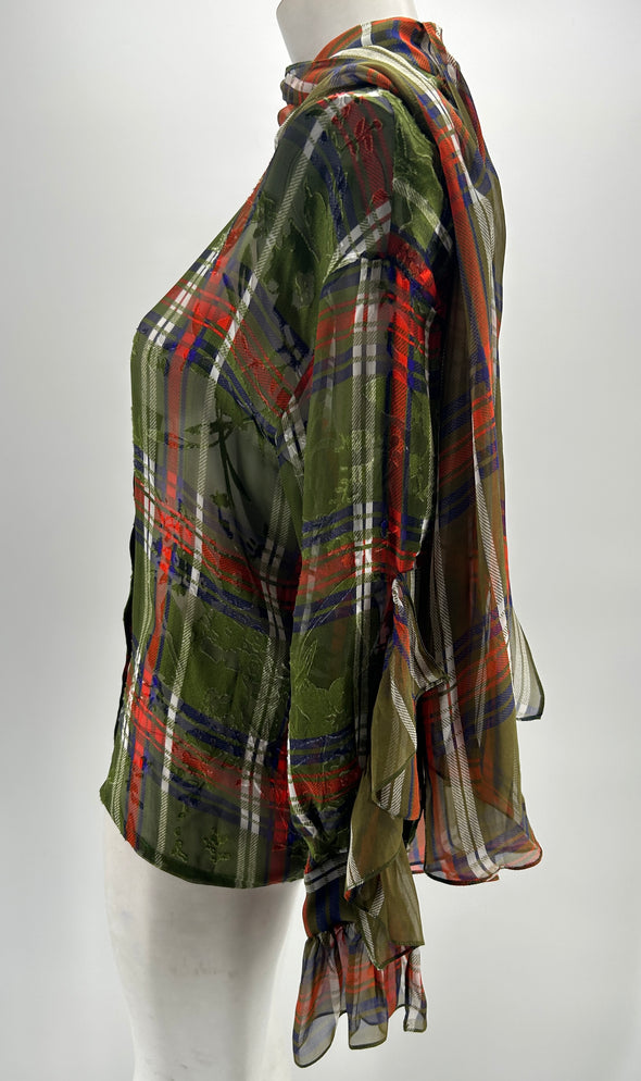 Blouse verte à carreaux à fleurs