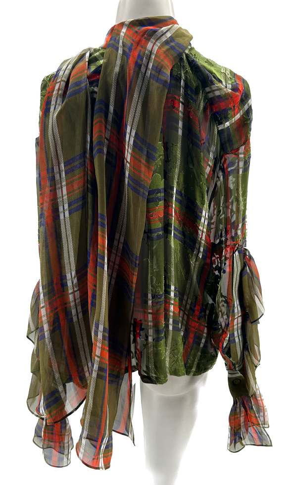 Blouse verte à carreaux à fleurs