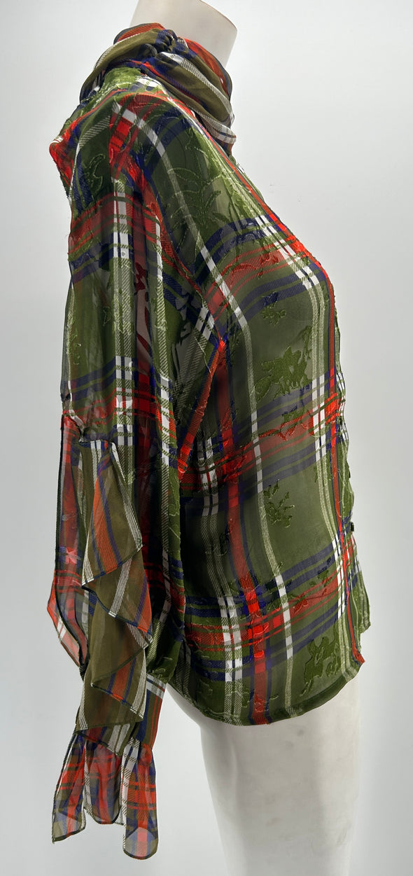 Blouse verte à carreaux à fleurs