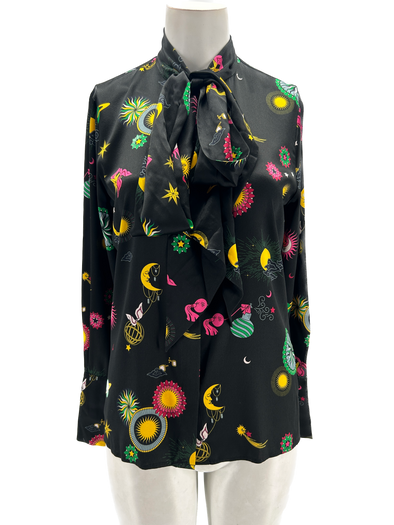 Chemise noire imprimée multicolore