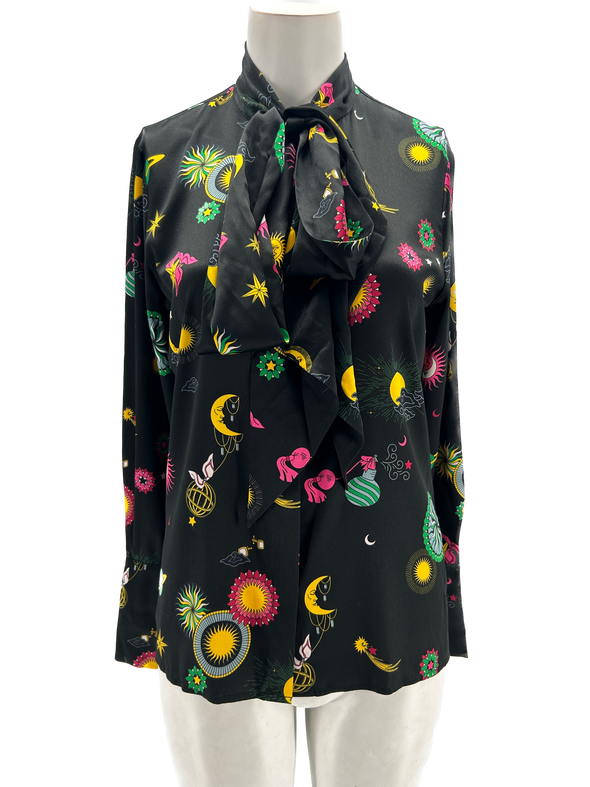 Chemise noire imprimée multicolore