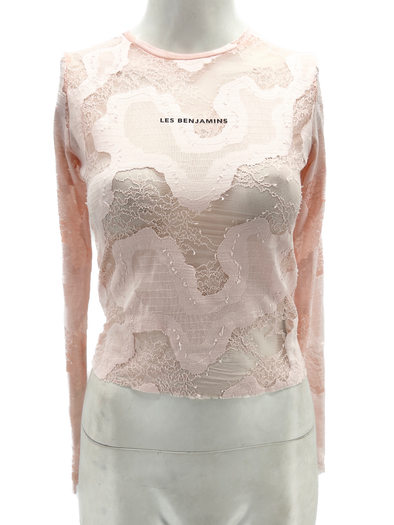 Top rose transparent à dentelle