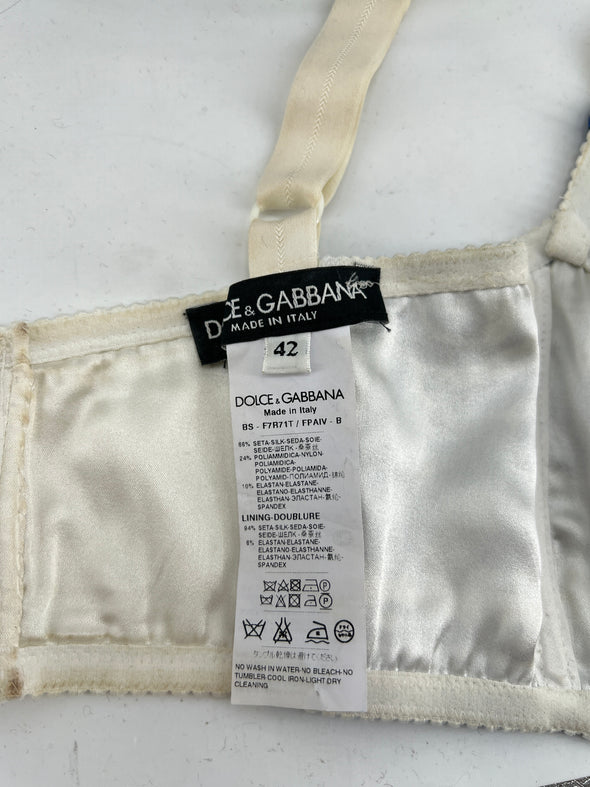 Crop top en soie à imprimé bleu et blanc