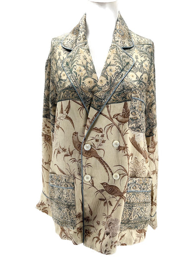 Veste blazer beige à motifs oiseaux