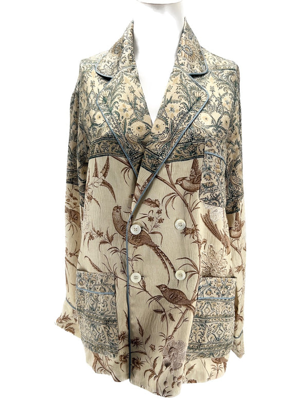 Veste blazer beige à motifs oiseaux