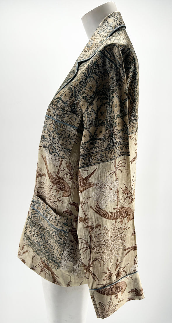 Veste blazer beige à motifs oiseaux