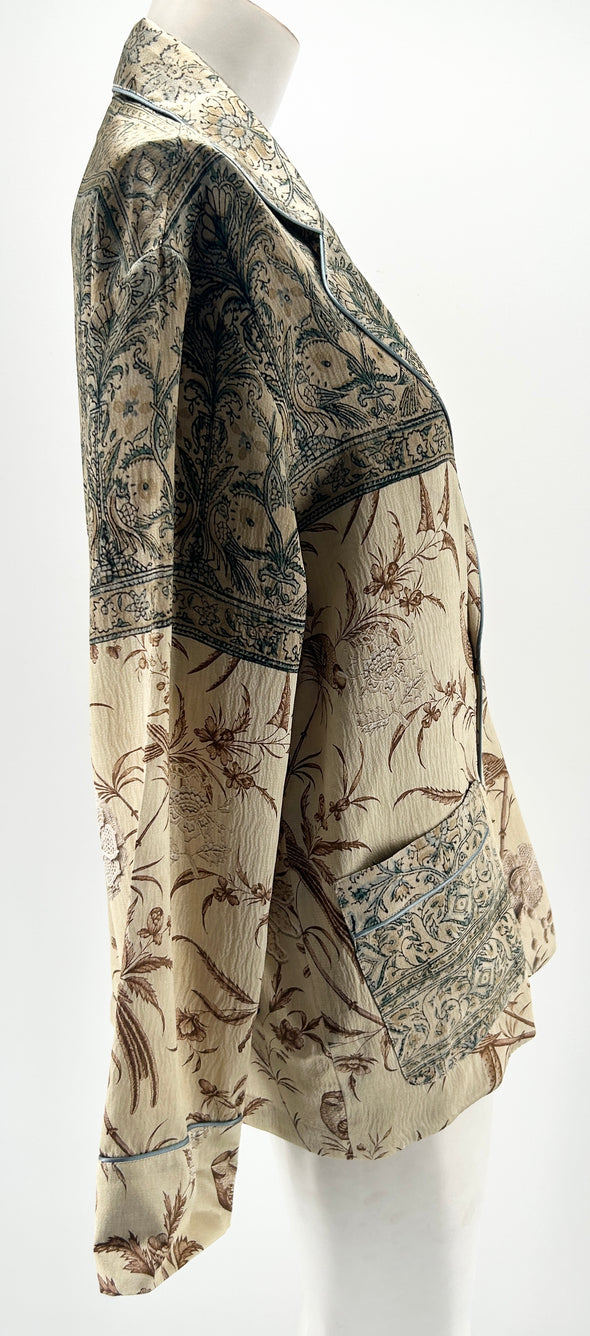 Veste blazer beige à motifs oiseaux